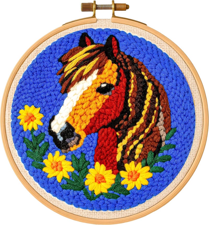 TEKWAVE Punch Needle Kit for Adults Beginners Horse with Sunflowers, Step-by-Step Video Pre-Printed Pattern and Written Instructions, DIY Embroidery Set with Yarn, Fabric, Hoop for Home Decor Crafts - Image 1